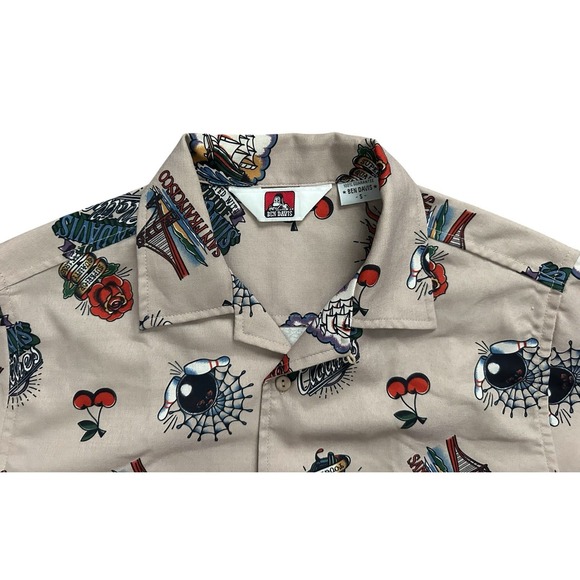 Rare Ben Davies Tattoo Print Inked Button San Francisco Beige Shirt Sz S Unisex - Picture 5 of 12